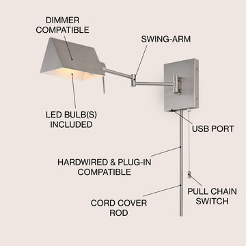 Arlo Farmhouse Industrial Single Swing Arm Plug-In or Hardwired Iron LED Wall Sconce with Pull-Chain